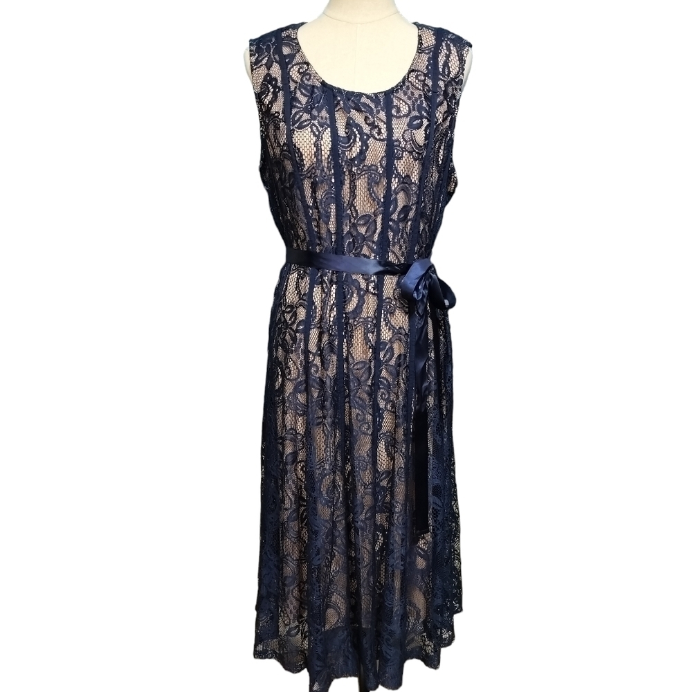 (1311)Candalite Women's Navy Blue Tan Sleeveless Lace Dress Size 2X (runs small